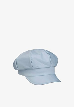 Light blue fabric newsboy cap with a rounded crown and a stiff visor in front on a white background.