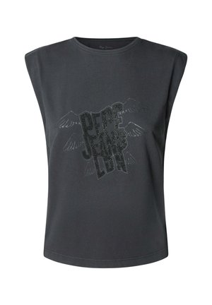 Top senza maniche grigio scuro con scollatura rotonda e una stampa nera lucida con ali, impreziosita da piccoli cristalli.