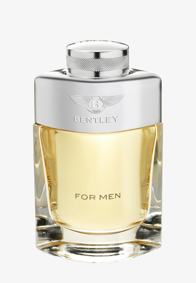 Bentley For Men cologne bottle with silver top and logo, containing light amber liquid in clear glass container.