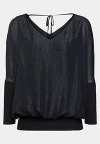 Top nero con scollatura a V e orlo elastico morbido, caratterizzato da tessuto trasparente texturizzato e maniche a tre quarti, legato sul retro.