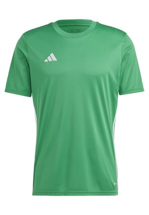 Grøn kortærmet sportsskjorte med hvidt Adidas-logo på brystet og åndbare mesh-ærmer, designet til aktiv brug.