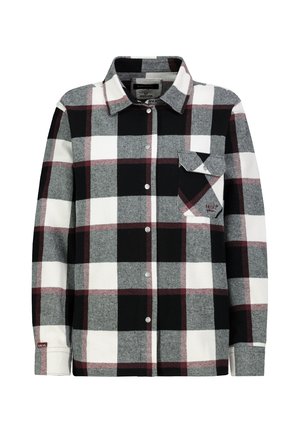 Flanellhemd zum Knöpfen mit großem kariertem Muster in Schwarz, Weiß und Dunkelrot, langen Ärmeln, Kragen und Vorderseite mit Klappentasche.