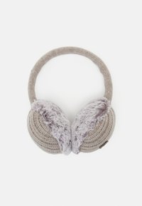 Strikkede ørevarmere med en myk, fluffy fôr. Lys beige farge; rund form med en stoffdekket hodebånd og myke øredekse.