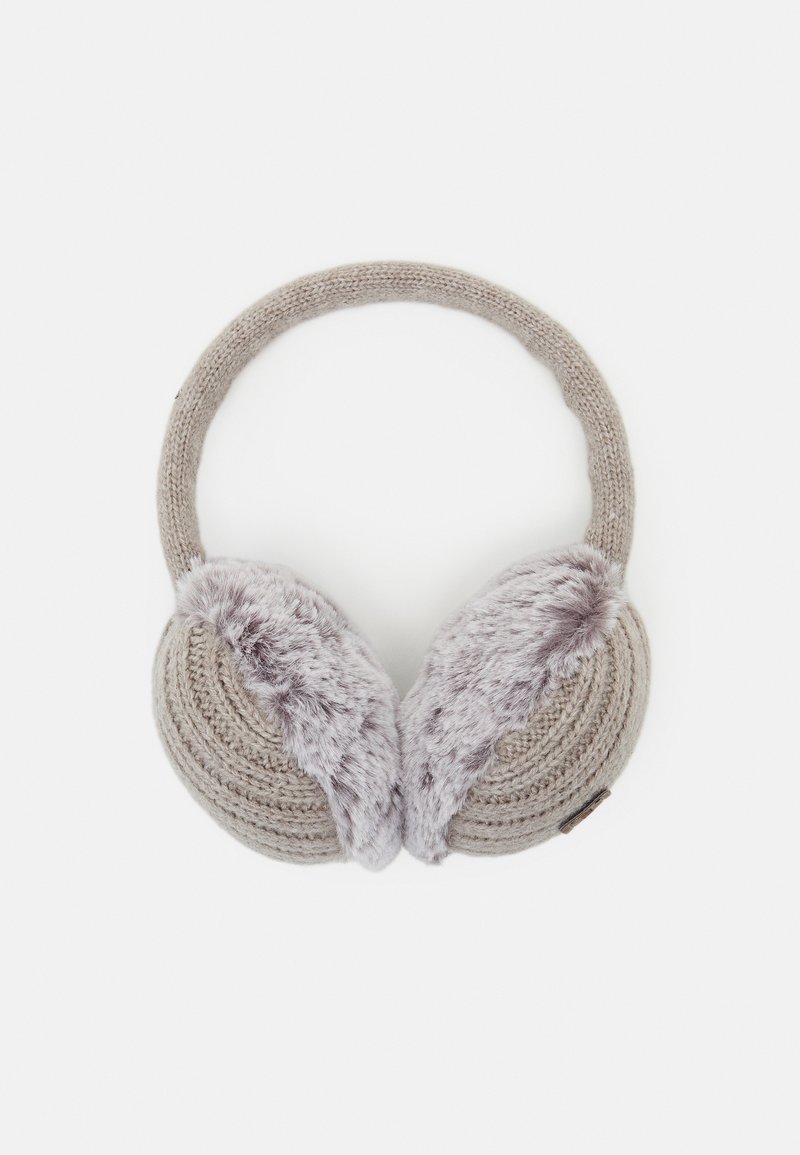 Strikkede ørevarmere med en myk, fluffy fôr. Lys beige farge; rund form med en stoffdekket hodebånd og myke øredekse.