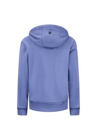 Paarse hoodie met een zachte textuur, voorzien van een capuchon, lange mouwen en geribbelde manchetten. De achterkant heeft een eenvoudige uitstraling met een klein logo.