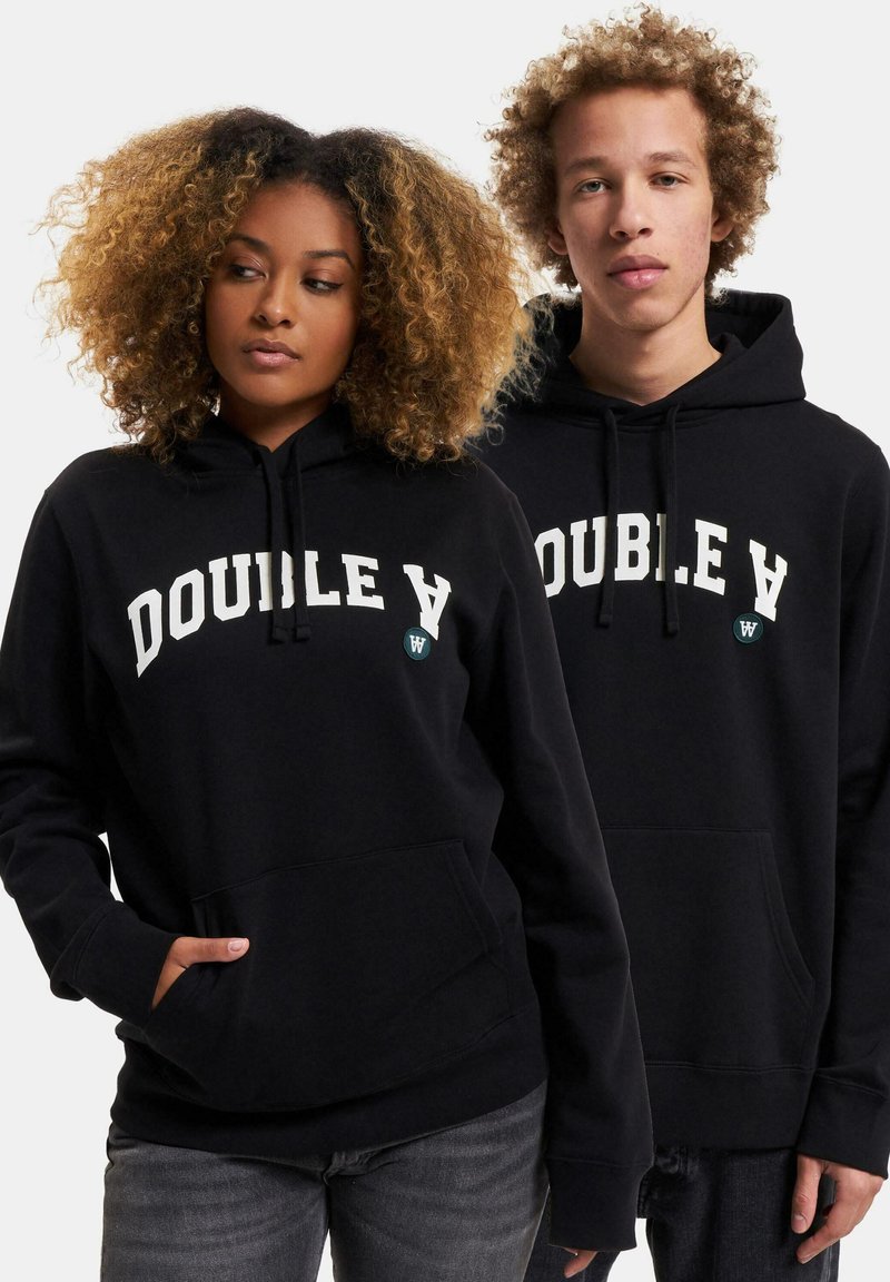 Black hooded sweatshirt with "DOUBLE A" in white lettering, featuring a front pocket and drawstrings. Soft texture, relaxed fit.