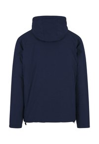 Marineblauwe hoodie met lange mouwen, een gladde textuur, verstelbare zoom en een minimalistisch ontwerp. De achterkant heeft geen zichtbare hardware.