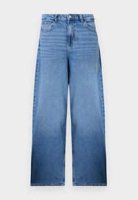 Lichtblauwe wijde jeans van denim, met hoge taille, vijf zakken, ritssluiting en knoopsluiting. Bevat subtiele vervaging voor textuur.
