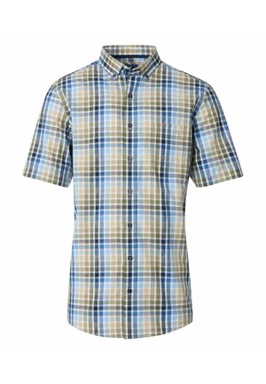 Kurzarm-Hemd mit Knöpfen in einem blau-, grün- und beige-karierten Muster, mit einer Brusttasche und einem kragenähnlichen Ausschnitt.