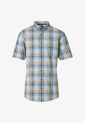 Koszula z krótkim rękawem, zapinana na guziki, w niebieską, zieloną i beżową kratę, z kieszonką na piersi oraz kołnierzykiem.