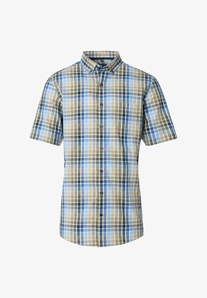 Korte mouwen overhemd met knopen in een blauw, groen en beige ruitpatroon, met een borstzak en een kraag.