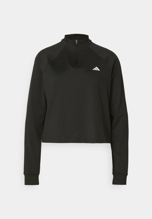 Pullover nero a mezza zip realizzato in tessuto liscio con maniche lunghe, dotato di un alto collo e un logo bianco sul lato sinistro del petto.