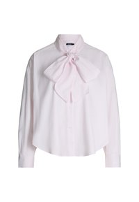 Lichtroze blouse met lange mouwen en een strikkragen, met knoopsluiting aan de voorkant en een relaxte pasvorm. Gemaakt van een gladde, lichte stof.