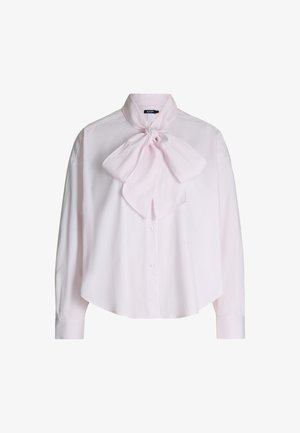 Helles rosa Langarmbluse mit einer Schleifenkragen, Knopfverschluss vorne und einer lockeren Passform. Hergestellt aus einem glatten, leichten Stoff.