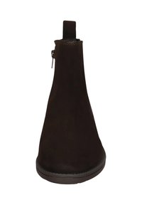 Braune Wildleder-Stiefelette mit glatter Textur, schmaler Form und seitlichem Reißverschluss. Verfügt über eine Lasche an der Rückseite und eine Gummisohle.