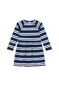 Langärmliges Kleid mit einem horizontalen Streifenmuster in Navy und Creme. Hat einen runden Halsausschnitt und einen gerafften Rock. Knopfdetails an der Schulter.