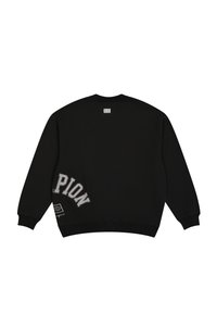 Sweat-shirt noir avec col rond, manches longues, arborant "CHAMPION" imprimé en gris au dos et un petit logo à l'ourlet. Tissu doux.