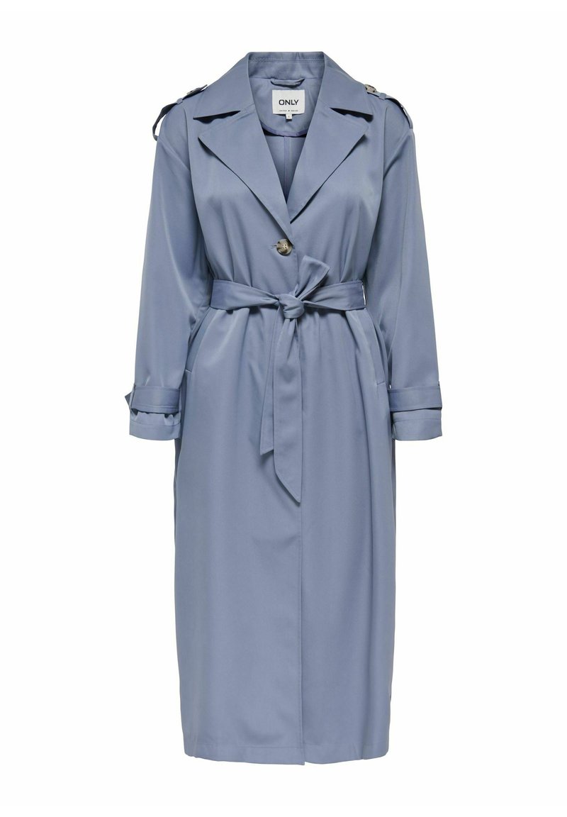 Long, light blue trench coat made from smooth fabric, featuring a belted waist, large collar, and shoulder accents with buttons.