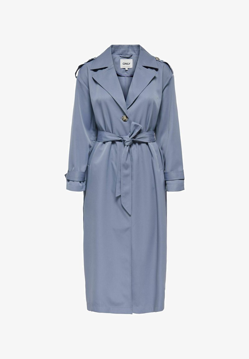 Long, light blue trench coat made from smooth fabric, featuring a belted waist, large collar, and shoulder accents with buttons.