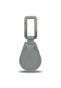 Llave de cuero gris en forma de soporte, con un diseño redondeado y suave, que incluye un clip de metal rectangular para su sujeción.