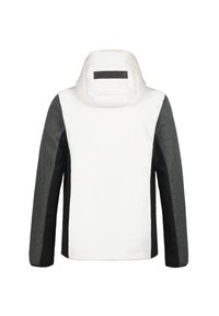 Witte jas met gewatteerde capuchon, zwarte zijpanelen en donkergrijze mouwen, weergegeven van de achterkant op een witte achtergrond.