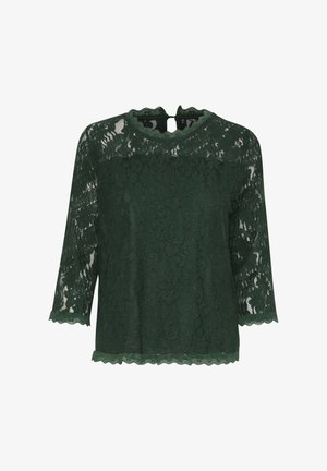 Žalia nėrinių palaidinė su trimis ketvirtadaliais rankovėmis, banguotu iškirpimu ir apdaila. Pasižymi gėlių nėrinių raštu ir permatoma tekstūra visame paviršiuje.