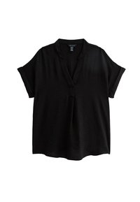 Top corto nero a maniche corte con colletto e chiusura a bottoni, caratterizzato da un tessuto texturizzato e una vestibilità casual.