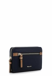 Navy blue wallet made of synthetic material with brown accents. Features a zipped compartment and logo detail, with silver hardware.