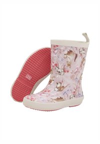 Bottes de pluie en caoutchouc imperméables roses avec un motif floral et animal, semelle blanche texturée et une languette pour un enfilage facile.
