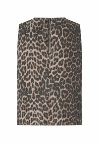 Leopard-print sleeveless top in shades of brown and black. Features a high neckline and a concealed back zipper. Made from textured fabric.