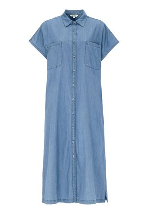 Lyseblå, kortærmet denim midikjole med knaplukning foran, to brystlommer, krave og sideslids.