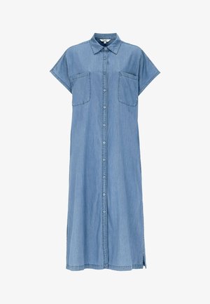 Lyseblå, kortærmet denim midikjole med knaplukning foran, to brystlommer, krave og sideslids.