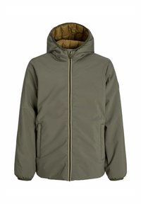 Olivgr�üne isolierte Jacke mit Kapuze, ausgestattet mit einem goldenen Reißverschluss, Seitentaschen und einem gesteppten braunen Futter für zusätzliche Wärme.