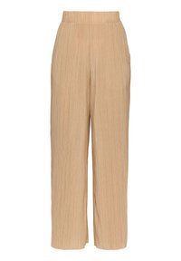Beige, weit geschnittene Hose mit vertikalen Falten, elastischem Bund und seitlichen Taschen. Aus leichtem Stoff mit glatter Textur gefertigt.