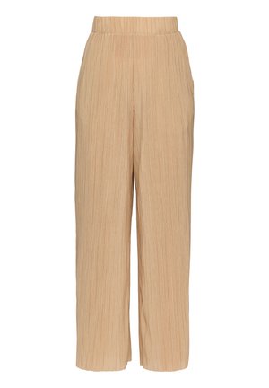 Šviesiai rudos pločio kelnės su vertikaliomis klostėmis, elastingu juosmeniu ir šoninėmis kišenėmis. Pagamintos iš lengvos medžiagos su lygiu paviršiumi.