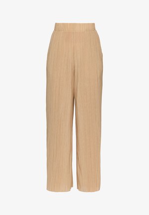 Šviesiai rudos pločio kelnės su vertikaliomis klostėmis, elastingu juosmeniu ir šoninėmis kišenėmis. Pagamintos iš lengvos medžiagos su lygiu paviršiumi.