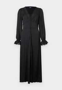 Black long-sleeve dress with a V-neck, lace trim, and button-down front. Features a fitted waist and flared sleeves with eyelet accents.