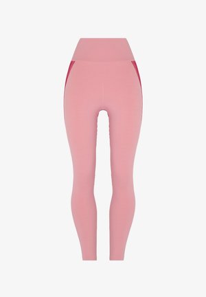 Leggings rosa con vita alta, realizzate in materiale elastico. Presentano dettagli laterali in rosa più scuro e una texture liscia.