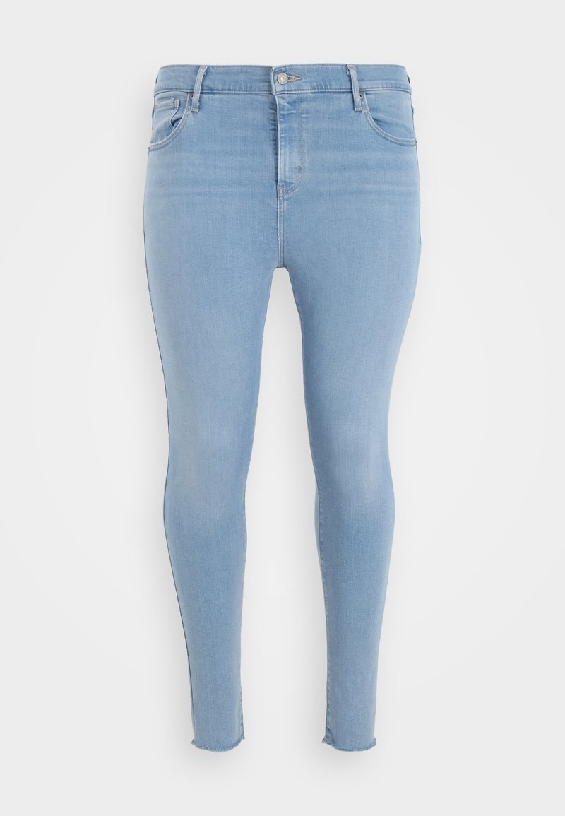 Helle blaue Skinny-Jeans aus Denim, mit einem klassischen Fünf-Taschen-Design, Knopfverschluss und leichten Fransen am Saum.