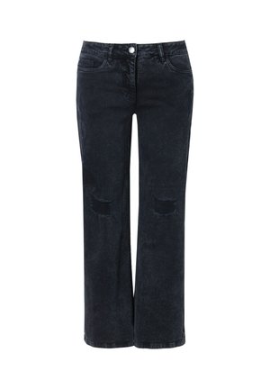 Jeans in denim di lavaggio scuro con vestibilità comoda, caratterizzati da dettagli strappati sulle ginocchia e un classico design a cinque tasche. Chiusura con bottone e zip.