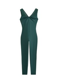 Zelený overal s výstřihem do V, se zahnutým detailem na hrudi a přiléhavým střihem. Vyrobený z hladkého, elastického materiálu s matným povrchem.