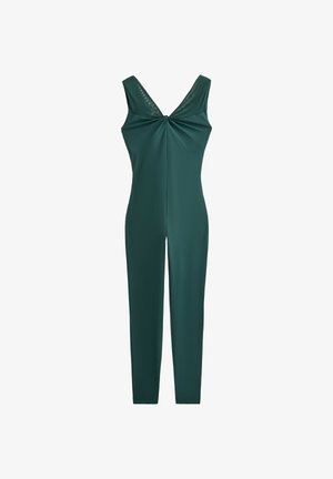 Groene jumpsuit met een V-hals, twistdetail bij de borst en een getailleerd silhouet. Gemaakt van glad, rekbaar materiaal met een matte afwerking.