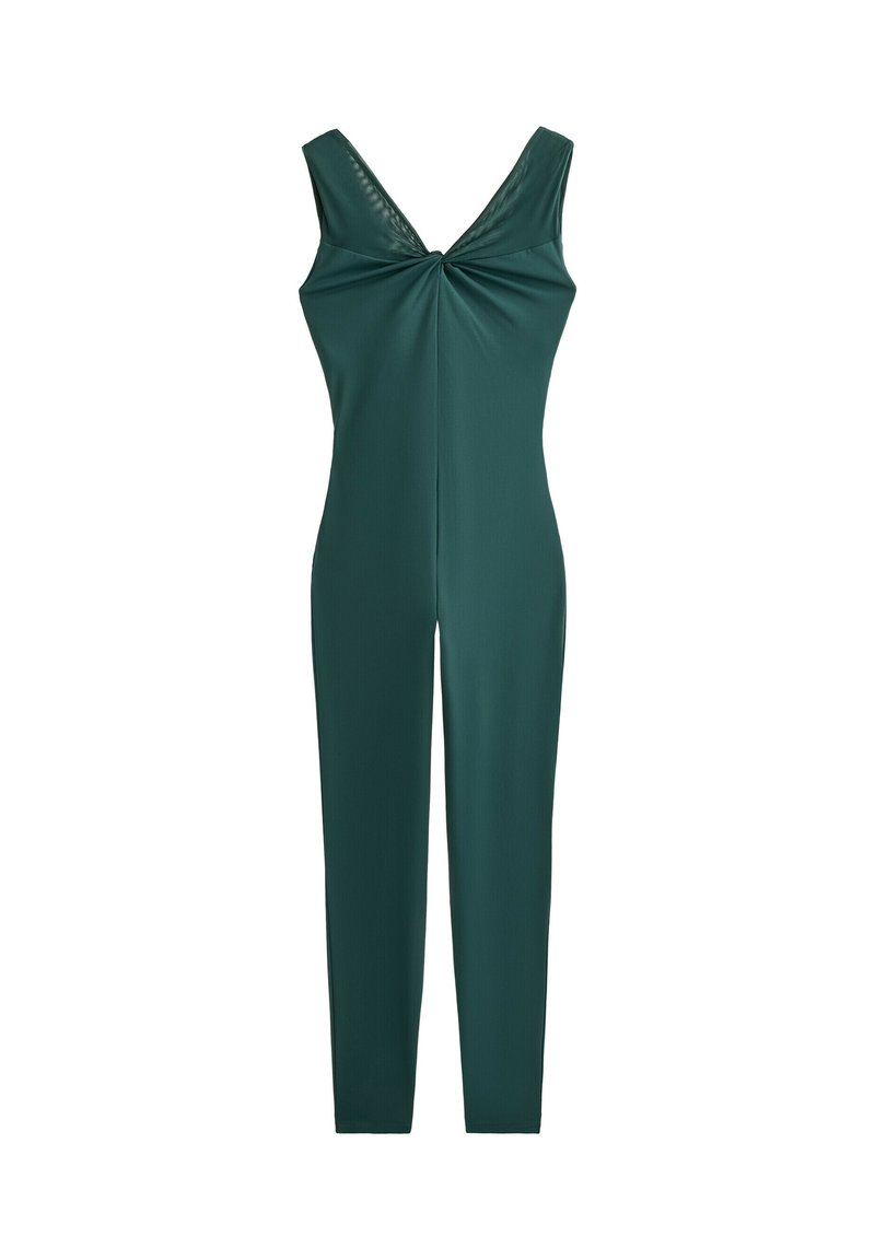 Zelený overal s výstřihem do V, se zahnutým detailem na hrudi a přiléhavým střihem. Vyrobený z hladkého, elastického materiálu s matným povrchem.