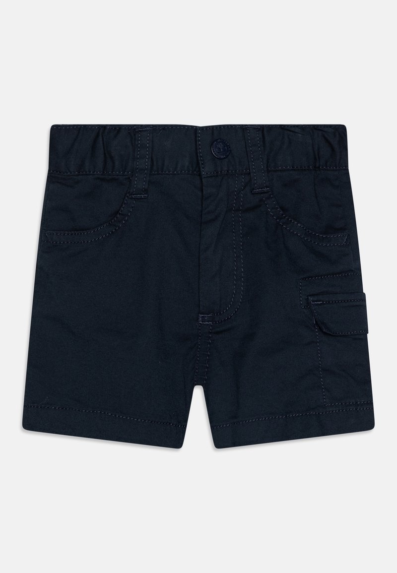 Shorts bleu marine pour tout-petit avec taille élastique, bouton à l'avant, deux poches avant et une poche cargo latérale avec rabat.