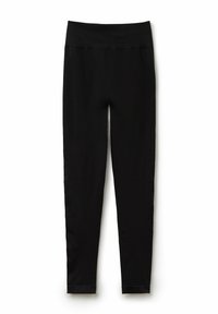 Schwarze Leggings mit einem breiten, elastischen Bund. Hergestellt aus einem glatten, dehnbaren Stoff. Enganliegendes Design, das sich zu den Knöcheln verjüngt.