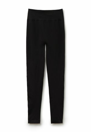 Leggings negros con una cinturilla ancha y elástica. Fabricados con un tejido suave y elástico. Diseño ajustado que se estrecha en los tobillos.