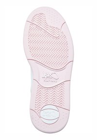 White sneaker sole with a textured pink rubber base, featuring a herringbone pattern and circular logo detail. Smooth surface with perforations.