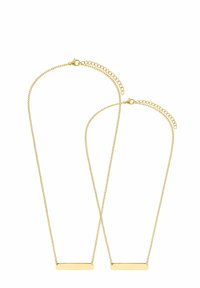 Goudkleurige kettingen met platte, rechthoekige hangers. Heeft delicate schakels en verstelbare lengtes, met een strakke en minimalistische uitstraling.