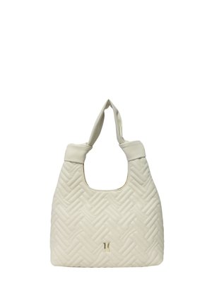 Borsa trapuntata color crema con manico annodato e piccolo logo dorato nella parte inferiore centrale.