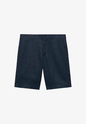 Temno modri kratki hlače iz lahkega materiala. Imajo ravno sprednjo stran, dva stranska žepa in en gumb za zapiranje. Preprost dizajn.